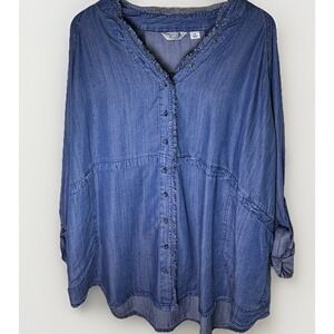 Caffe Marrakesh Denim Chambray Shirt Womens 2XL Top Boho Raw Hem 100% Lyocell